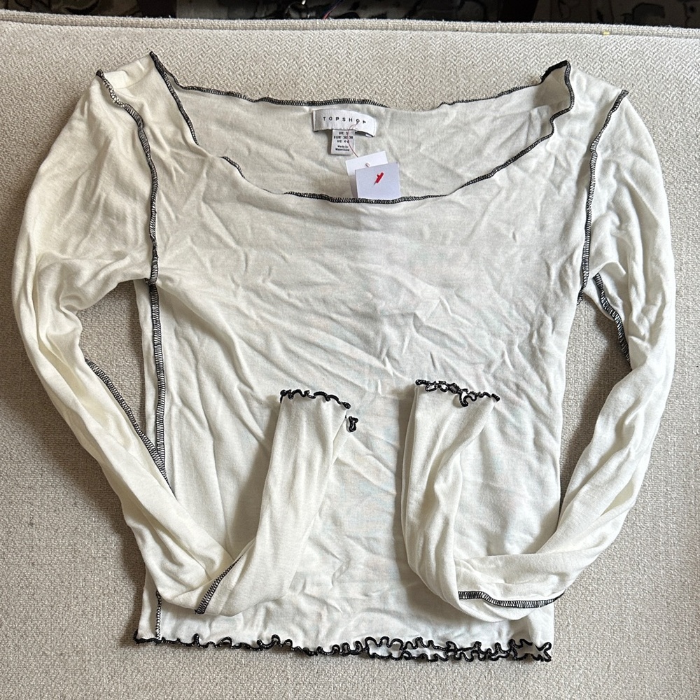Topshop Cream Long Sleeve Blouse with Black Trim (Never Worn)